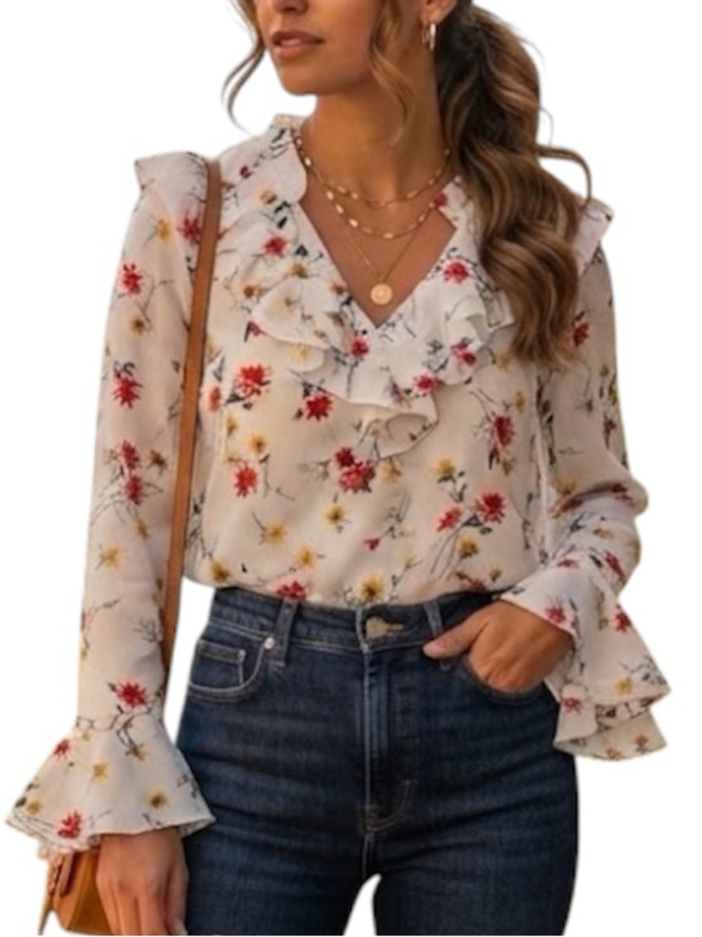 JAUNE ROUGE PARIS Boho Floral Laser Cut Ruffle Bell Sleeve Blouse Ivory Medium